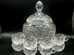 Stunning High Quality Czech Bohemian Cut to Clear Lidded Punch Bowl withCups