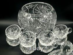Stunning High Quality Czech Bohemian Cut to Clear Lidded Punch Bowl withCups
