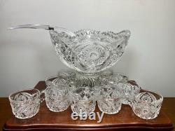 Stunning Imperial Glass Punch Bowl /Stand & 10 Cup Set Hobstar Arches With Ladle