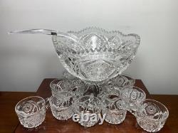 Stunning Imperial Glass Punch Bowl /Stand & 10 Cup Set Hobstar Arches With Ladle