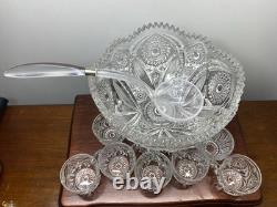 Stunning Imperial Glass Punch Bowl /Stand & 10 Cup Set Hobstar Arches With Ladle