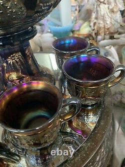 Stunning Rare Northwood Peacock At The Fountain Electric Purple 8 Pc Punch Set