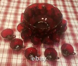 Stunning Vintage Anchor Hocking Royal Ruby Red Punch Bowl Set With 18 Cups + Hooks