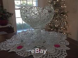 Stunning Vintage Huge Punch Bowl 16 Matching Cups High Rise Base + Silver Ladle