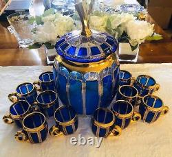 Superb Moser Cobalt Blue & Gold Cabochon Bohemian Punch Bowl +12 Cups Rare & EXC