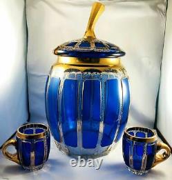 Superb Moser Cobalt Blue & Gold Cabochon Bohemian Punch Bowl +12 Cups Rare & EXC