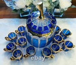 Superb Moser Cobalt Blue & Gold Cabochon Bohemian Punch Bowl +12 Cups Rare & EXC