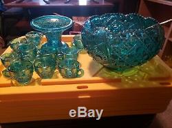 Teal Carnival Punch Bowl Set w 13 matching cups and silver ladle