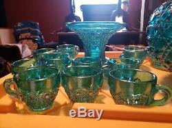 Teal Carnival Punch Bowl Set w 13 matching cups and silver ladle