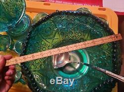 Teal Carnival Punch Bowl Set w 13 matching cups and silver ladle