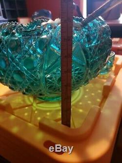 Teal Carnival Punch Bowl Set w 13 matching cups and silver ladle