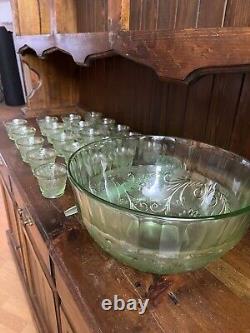 Tiara Green Glass Punch Bowl Set