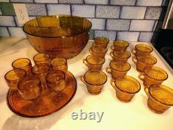 Tiara Indiana Glass Amber Flower Pattern Punch Bowl 19 Cups & Platter Party Set