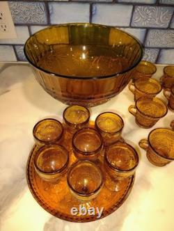 Tiara Indiana Glass Amber Flower Pattern Punch Bowl 19 Cups & Platter Party Set