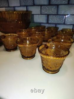 Tiara Indiana Glass Amber Flower Pattern Punch Bowl 19 Cups & Platter Party Set