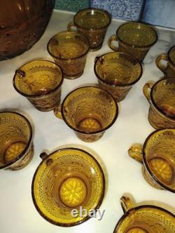 Tiara Indiana Glass Amber Flower Pattern Punch Bowl 19 Cups & Platter Party Set