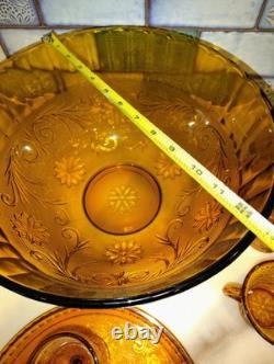 Tiara Indiana Glass Amber Flower Pattern Punch Bowl 19 Cups & Platter Party Set