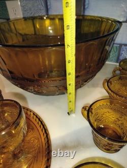 Tiara Indiana Glass Amber Flower Pattern Punch Bowl 19 Cups & Platter Party Set