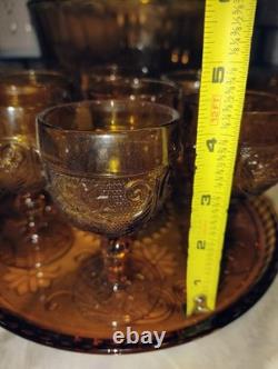 Tiara Indiana Glass Amber Flower Pattern Punch Bowl 19 Cups & Platter Party Set
