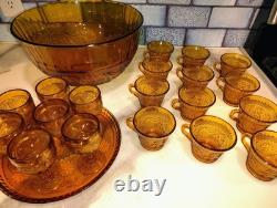 Tiara Indiana Glass Amber Flower Pattern Punch Bowl 19 Cups & Platter Party Set