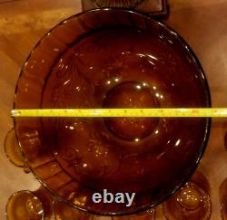 Tiara Indiana Glass Amber Sandwich Punch Bowl, Ladle & 12 Cups Vintage Carnival