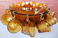 Tiara Indiana Glass Amber Sandwich Punch Bowl & Ladle & Cups & Hooks 26 pc Set