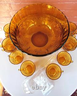 Tiara Indiana Glass Amber Sandwich Punch Bowl & Ladle & Cups & Hooks 26 pc Set