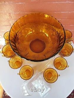 Tiara Indiana Glass Amber Sandwich Punch Bowl & Ladle & Cups & Hooks 26 pc Set