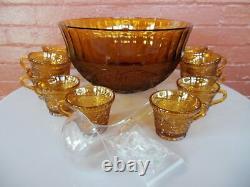 Tiara Indiana Glass Amber Sandwich Punch Bowl & Ladle & Cups & Hooks 26 pc Set