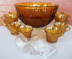 Tiara Indiana Glass Amber Sandwich Punch Bowl & Ladle & Cups & Hooks 26 pc Set