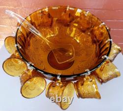 Tiara Indiana Glass Amber Sandwich Punch Bowl & Ladle & Cups & Hooks 26 pc Set