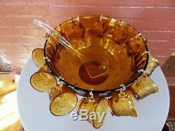 Tiara Indiana Glass Amber Sandwich Punch Bowl & Ladle & Cups & Hooks 26 pc Set
