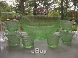 Tiara Indiana Glass Chantilly Green Sandwich Punch Bowl Cups Ladle 14 piece Set