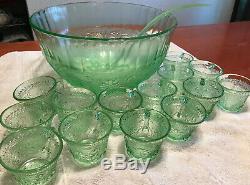 Tiara Indiana Glass Chantilly Green Sandwich Punch Bowl Cups Ladle 16 piece Set