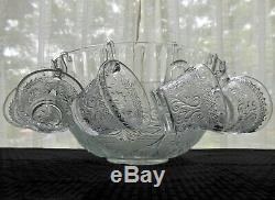 Tiara Indiana Glass Clear Sandwich Punch Bowl, Ladle, Cups, Hooks 26 piece Set