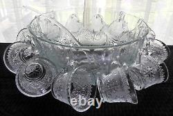 Tiara Indiana Glass Clear Sandwich Punch Bowl, Ladle, Cups, Hooks 26 piece Set