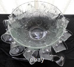 Tiara Indiana Glass Clear Sandwich Punch Bowl, Ladle, Cups, Hooks 26 piece Set