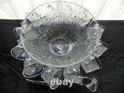 Tiara Indiana Glass Clear Sandwich Punch Bowl, Ladle, Cups, Hooks 26 piece Set