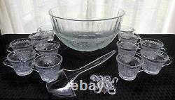 Tiara Indiana Glass Clear Sandwich Punch Bowl, Ladle, Cups, Hooks 26 piece Set