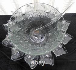 Tiara Indiana Glass Clear Sandwich Punch Bowl, Ladle, Cups, Hooks 26 piece Set