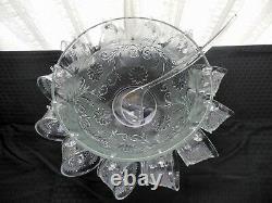 Tiara Indiana Glass Clear Sandwich Punch Bowl, Ladle, Cups, Hooks 26 piece Set