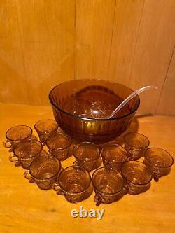 Tiara Indiana Sandwich Vintage Amber Punch Bowl with12-cups & ladle
