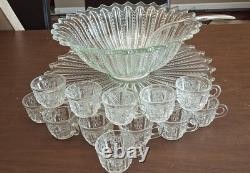 Tiara Punch Bowl Set with Serving Tray & 12 Cups Vintage Pressed Glass