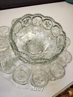 Tiffin Franciscan Clear Glass Moon & Stars Punch Bowl With Underplate & 12 Cups