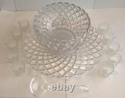 Tiffin Franciscan Williamsburg Diamond Glass Punch Bowl Ladle Torte Plate Cups