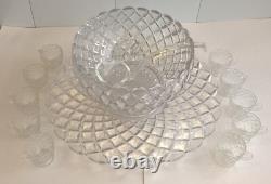 Tiffin Franciscan Williamsburg Diamond Glass Punch Bowl Ladle Torte Plate Cups