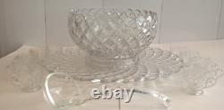 Tiffin Franciscan Williamsburg Diamond Glass Punch Bowl Ladle Torte Plate Cups