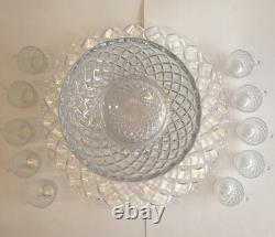 Tiffin Franciscan Williamsburg Diamond Glass Punch Bowl Ladle Torte Plate Cups
