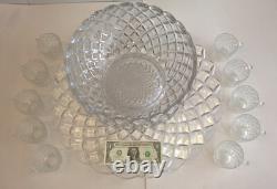 Tiffin Franciscan Williamsburg Diamond Glass Punch Bowl Ladle Torte Plate Cups