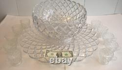 Tiffin Franciscan Williamsburg Diamond Glass Punch Bowl Ladle Torte Plate Cups
